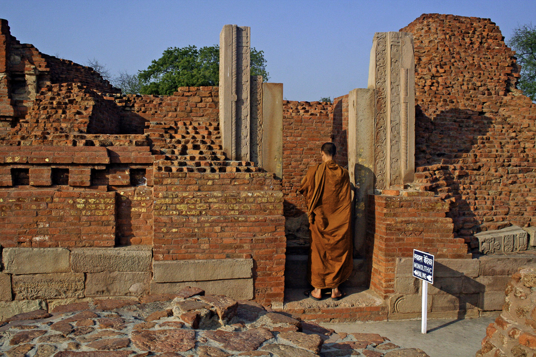 [photo] Monk Praying at Sarnath Deer Park Ruins, Uttar Pradesh, India, February 2010 (img 200-077)