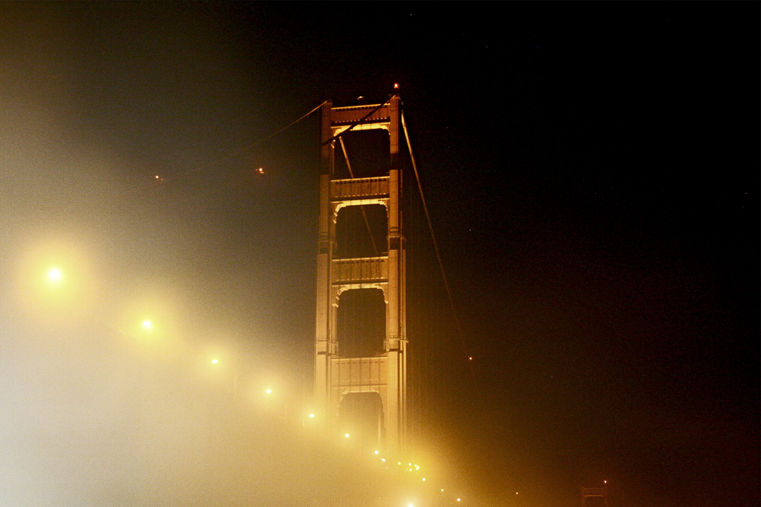 [photo] Golden Gate Bridge South Tower in Night Fog, San Francisco, California, USA