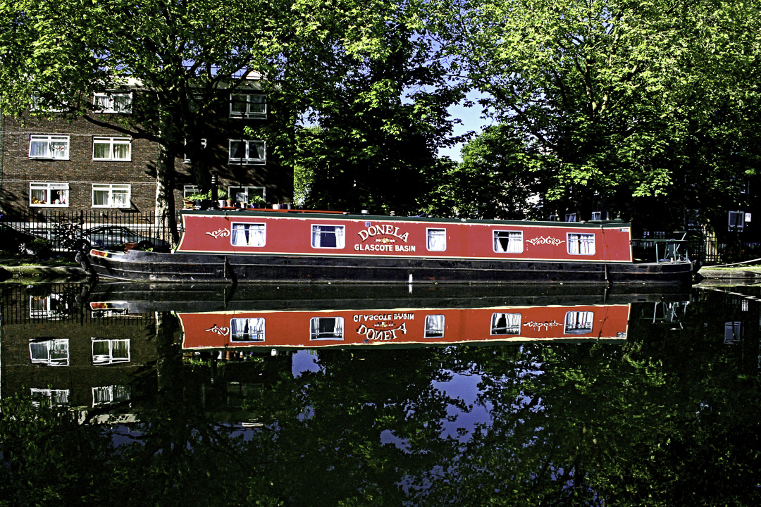 [photo] Reflection: Canal Boat on Grand Union Canal, London, UK